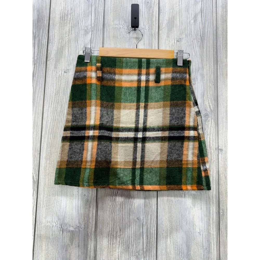 FH2 Fashion Green Orange Plaid Mini Skirt Made in Italy Size S Academic Preppy